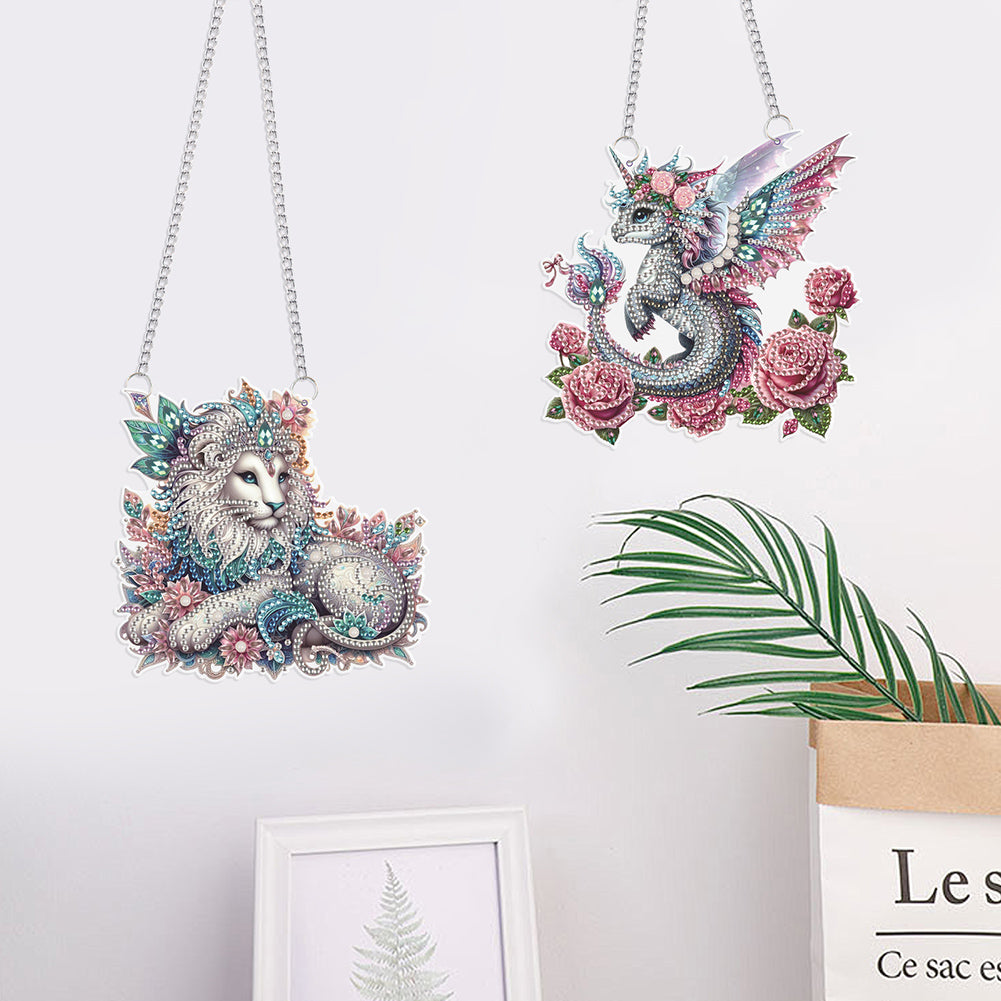 2Pcs PET Special Shaped Pterosaur Lion Diamond Painting Hanging Decor for Home