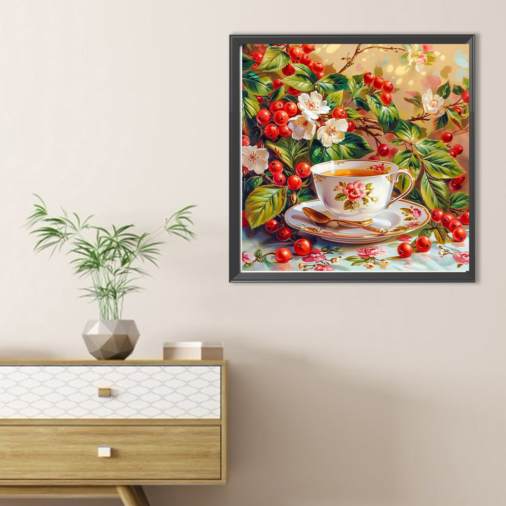 Red Bean And White Flower Porcelain Cup - Full Round Drill Diamond Painting 40*40CM