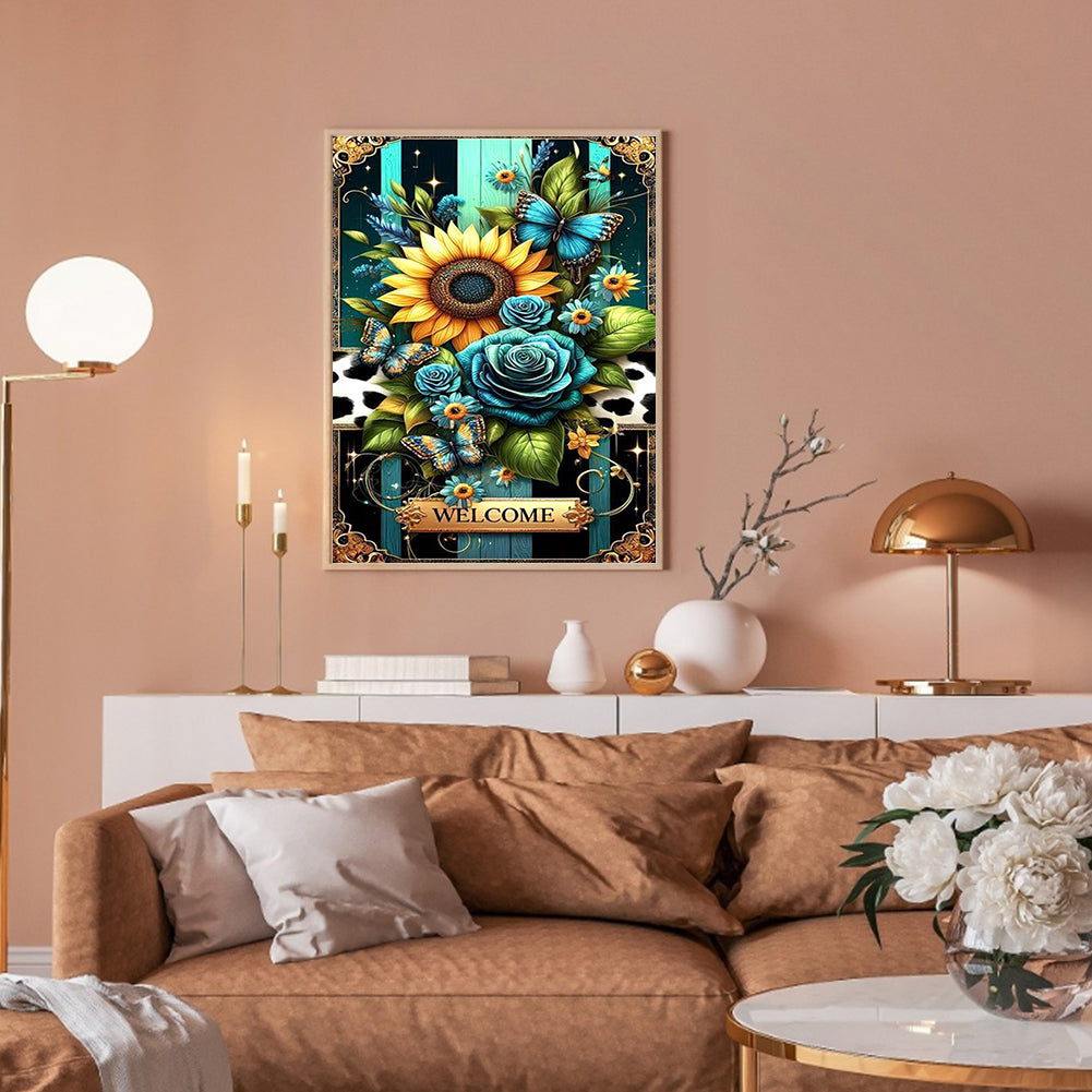 Sunflower Butterfly Blue Rose - Full Round Drill Diamond Painting 30*40CM
