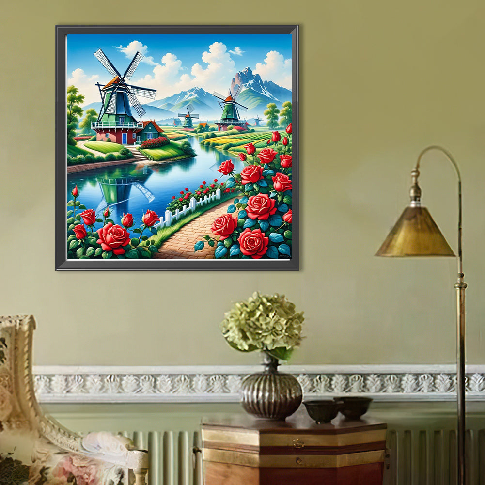 Windmill And Flowers - Full Round Drill Diamond Painting 50*50CM