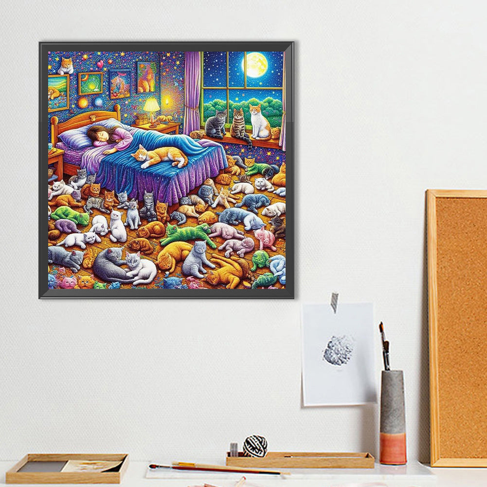 Girl And Cats - Full Round Drill Diamond Painting 40*40CM