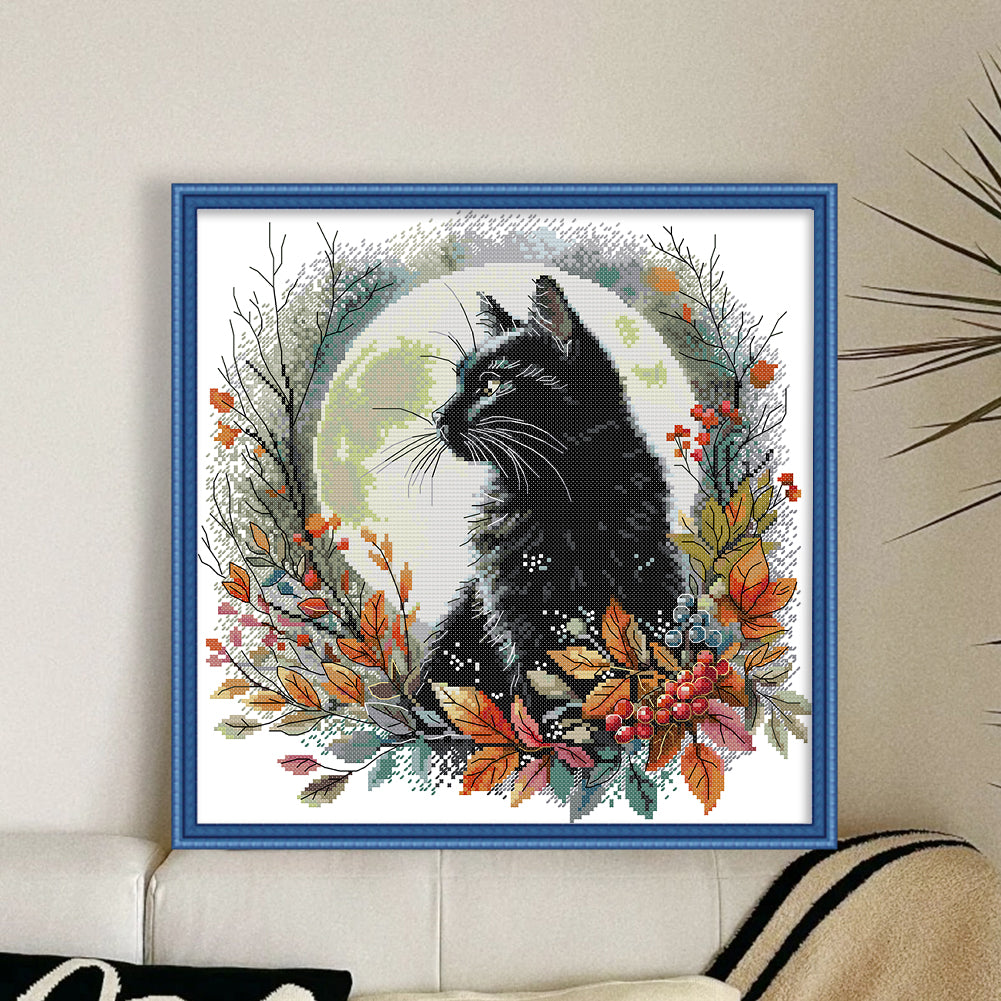 Autumn Night Black Cat - 14CT Stamped Cross Stitch 35*35CM(Joy Sunday)