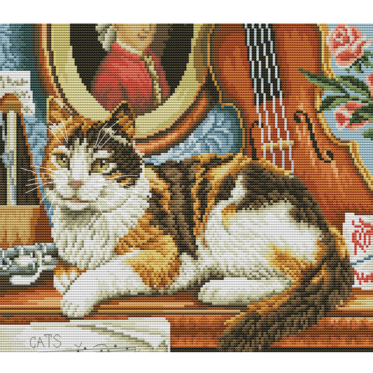 Cat And Piano - 14CT Stamped Cross Stitch 36*31CM(Joy Sunday)