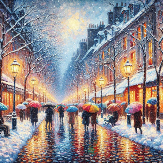 Street Snow Scene - 14CT Stamped Cross Stitch 50*50CM