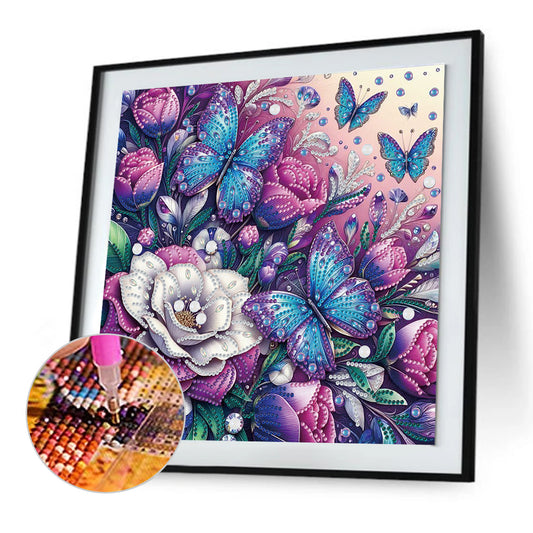 Butterfly And Flowers - Special Shaped Drill Diamond Painting 30*30CM