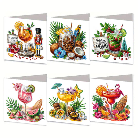 6PCS DIY Diamond Art Greeting Cards Drinks Pattern Congratulations Cards & Gifts