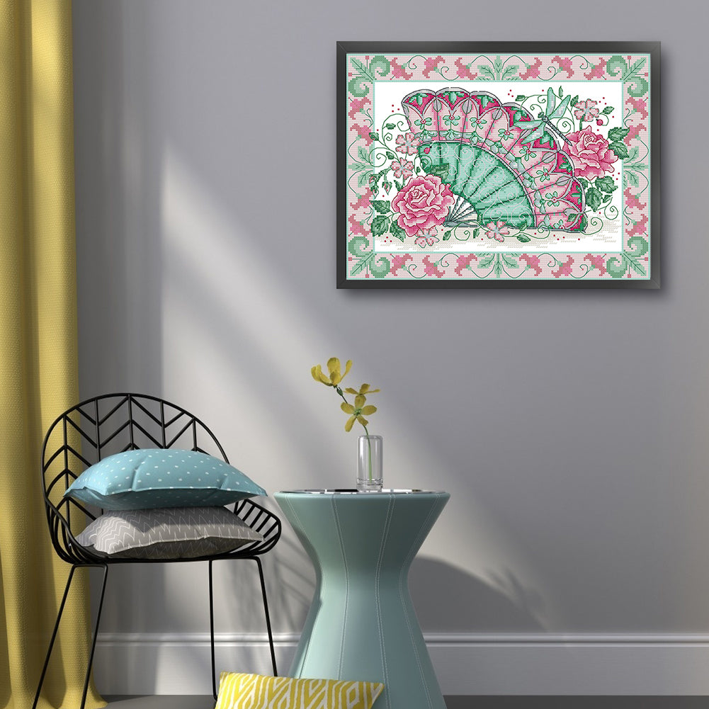 Oriental Rose Fan - 14CT Stamped Cross Stitch 36*29CM(Joy Sunday)
