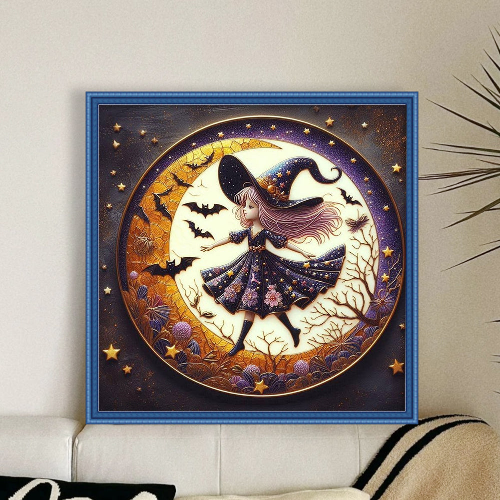 Cute Witch With The Moon - 11CT Stamped Cross Stitch 45*45CM