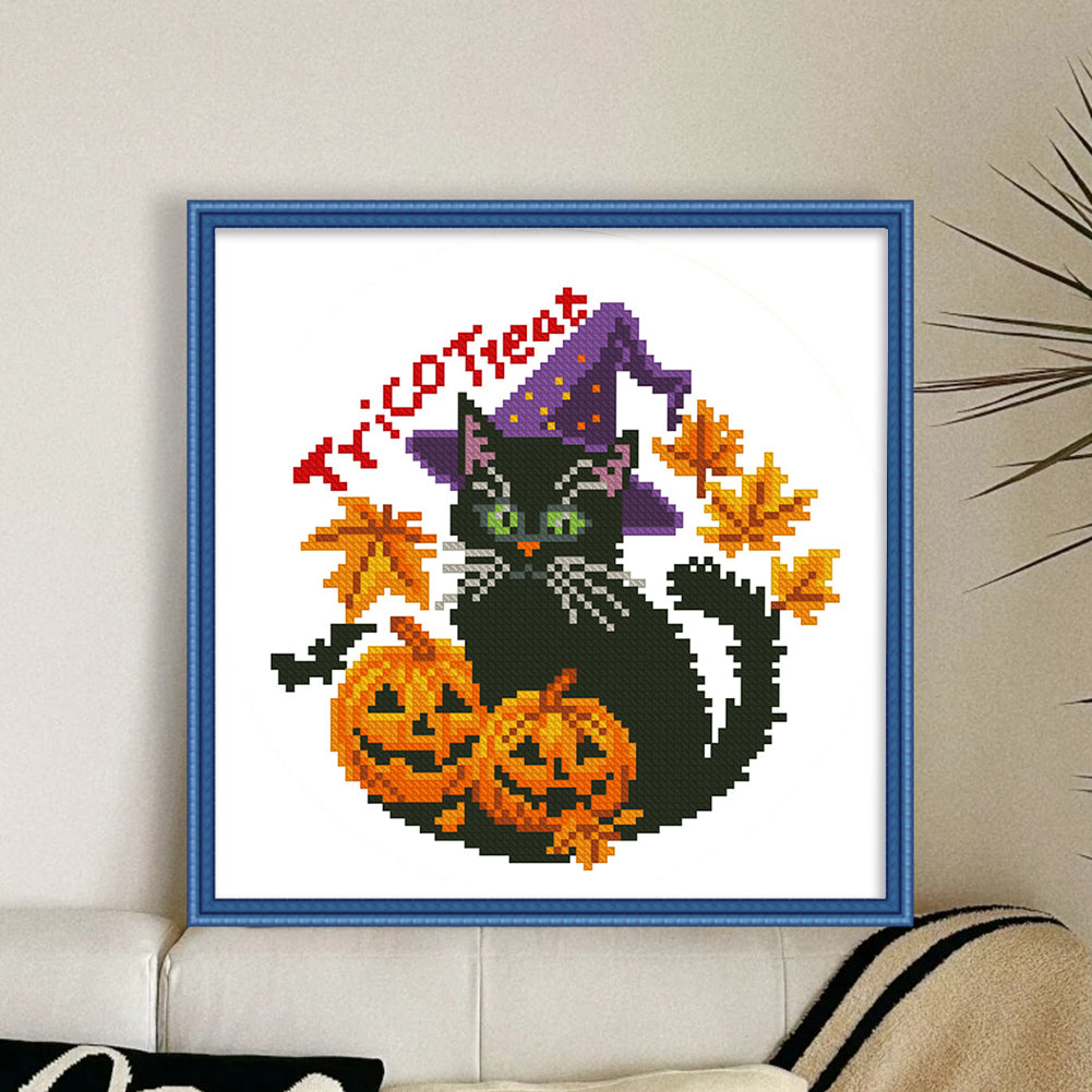 Halloween Pumpkin Black Cat - 11CT Stamped Cross Stitch 24*24CM(Mona Lisa Brand)