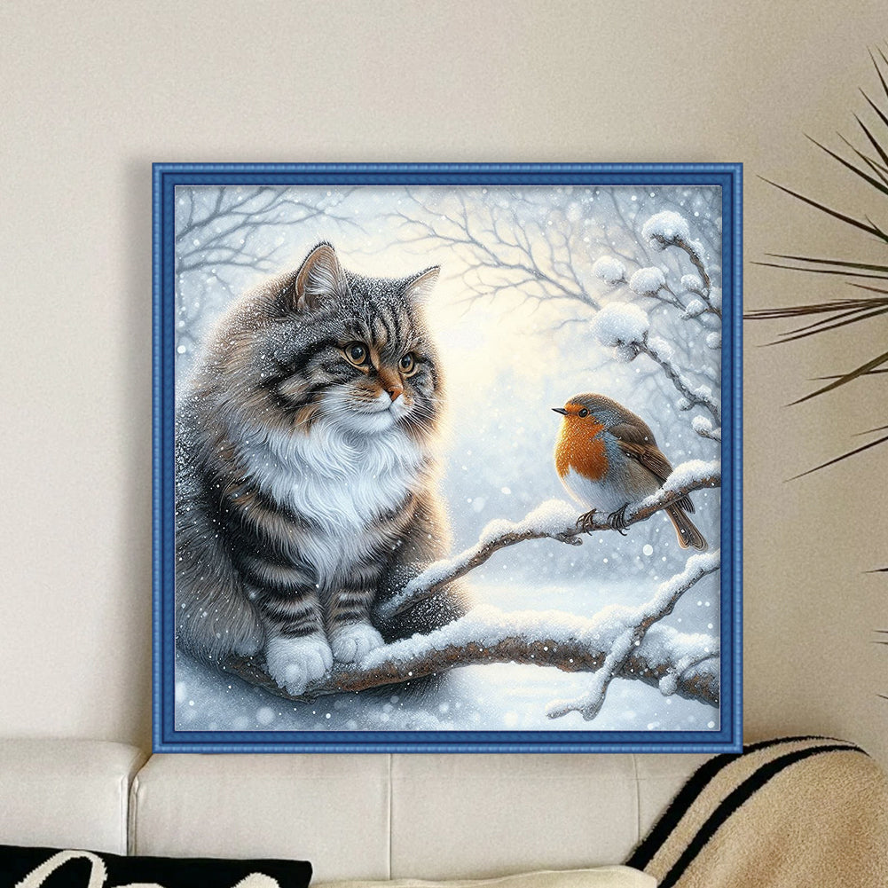 Winter Cat And Bird - 11CT Stamped Cross Stitch 40*40CM(Mona Lisa Brand)