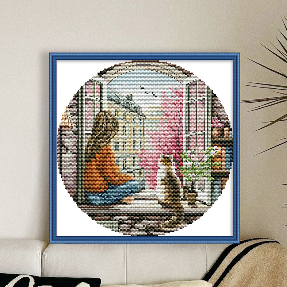 Spring Window-Girl - 14CT Stamped Cross Stitch 31*31CM(Joy Sunday)