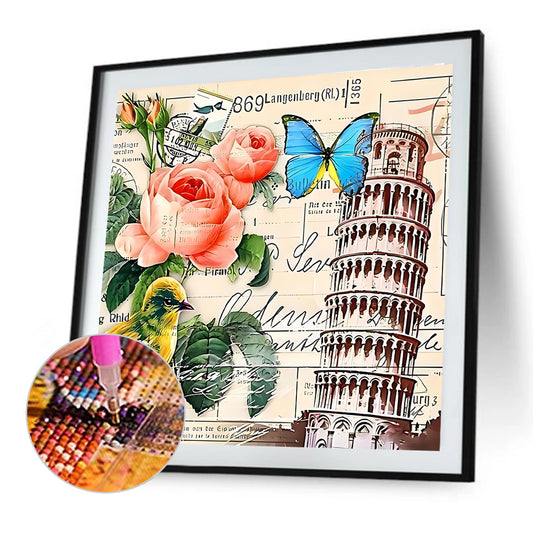 Leaning Tower Of Pisa And Roses - Full Round Drill Diamond Painting 30*30CM