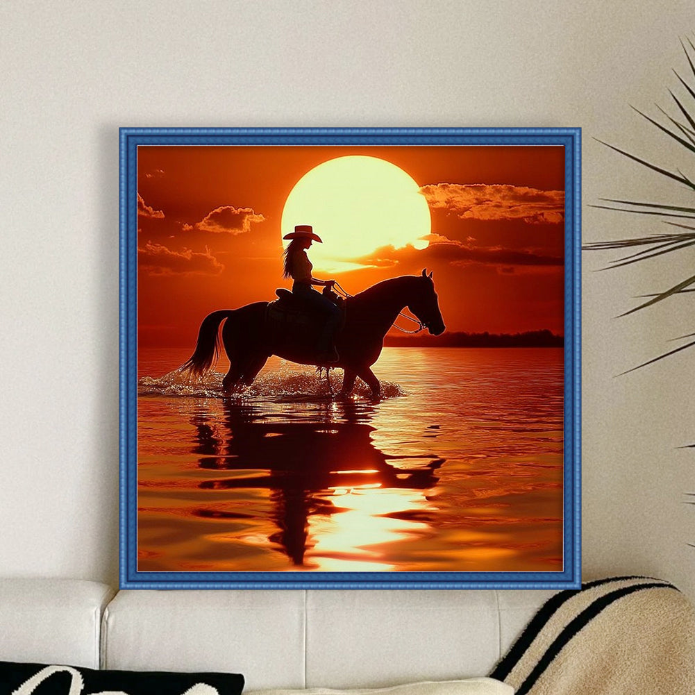 Girl Riding At Sunset - 11CT Stamped Cross Stitch 40*40CM