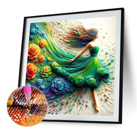Girl In A Colorful Skirt - Full Round Drill Diamond Painting 40*40CM