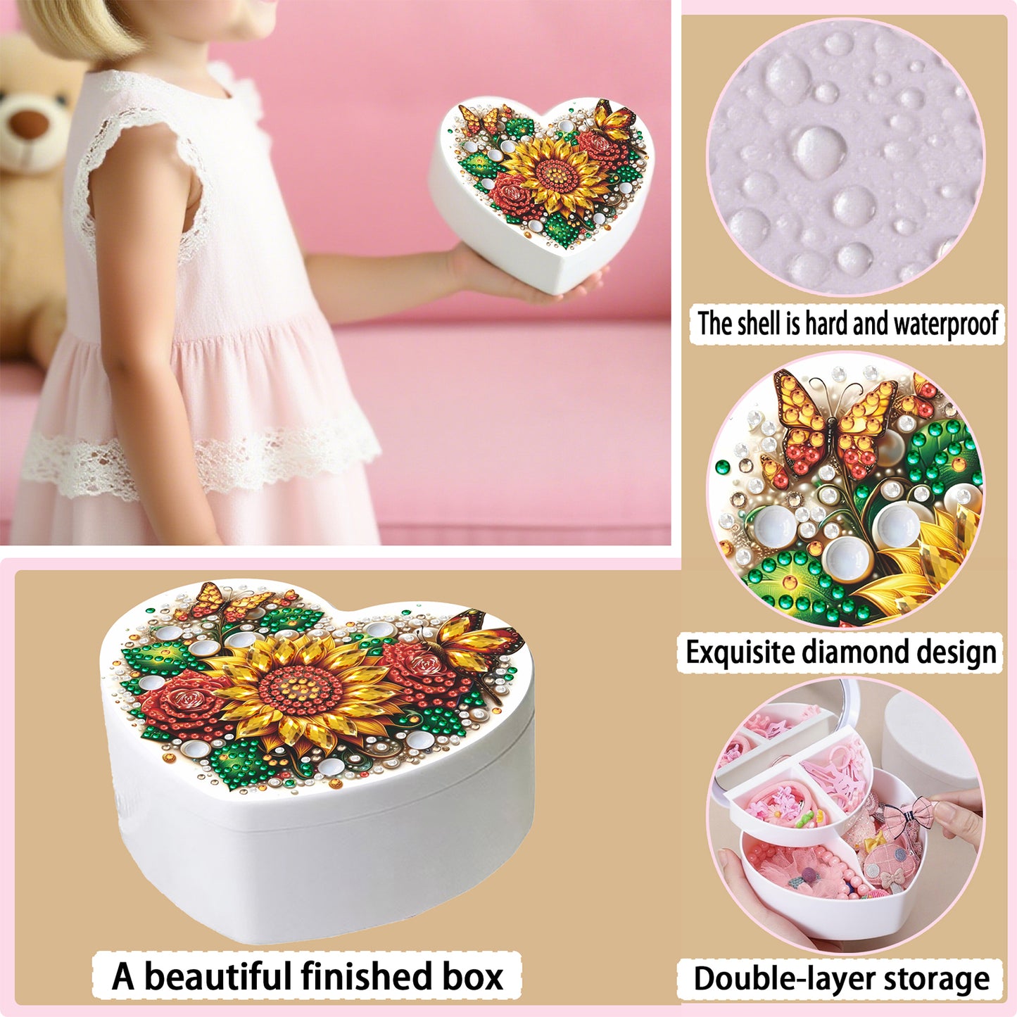 Sunflower DIY Diamond Painting Heart-Shaped Jewelry Box Decorative Storage Case