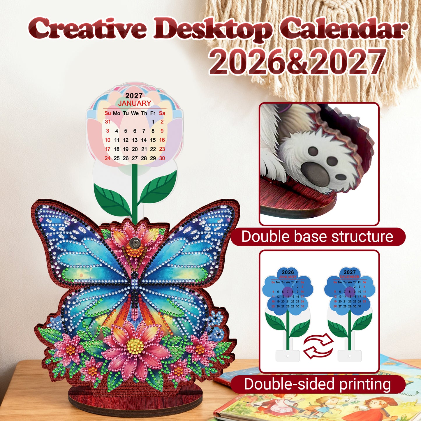 2026 Calendar DIY Diamond Art Kit Butterfly Wooden Diamond Painting Calendar