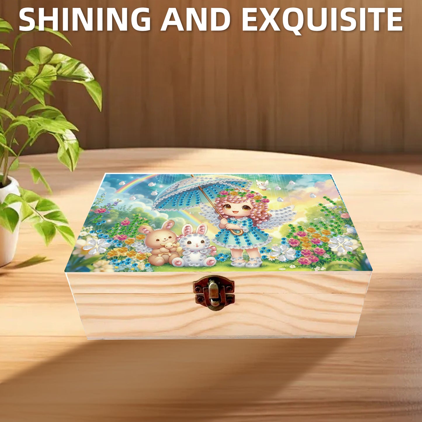 5D DIY Diamond Painting Handmade Wood Storage Box Crystal Storage Case (Rabbit)