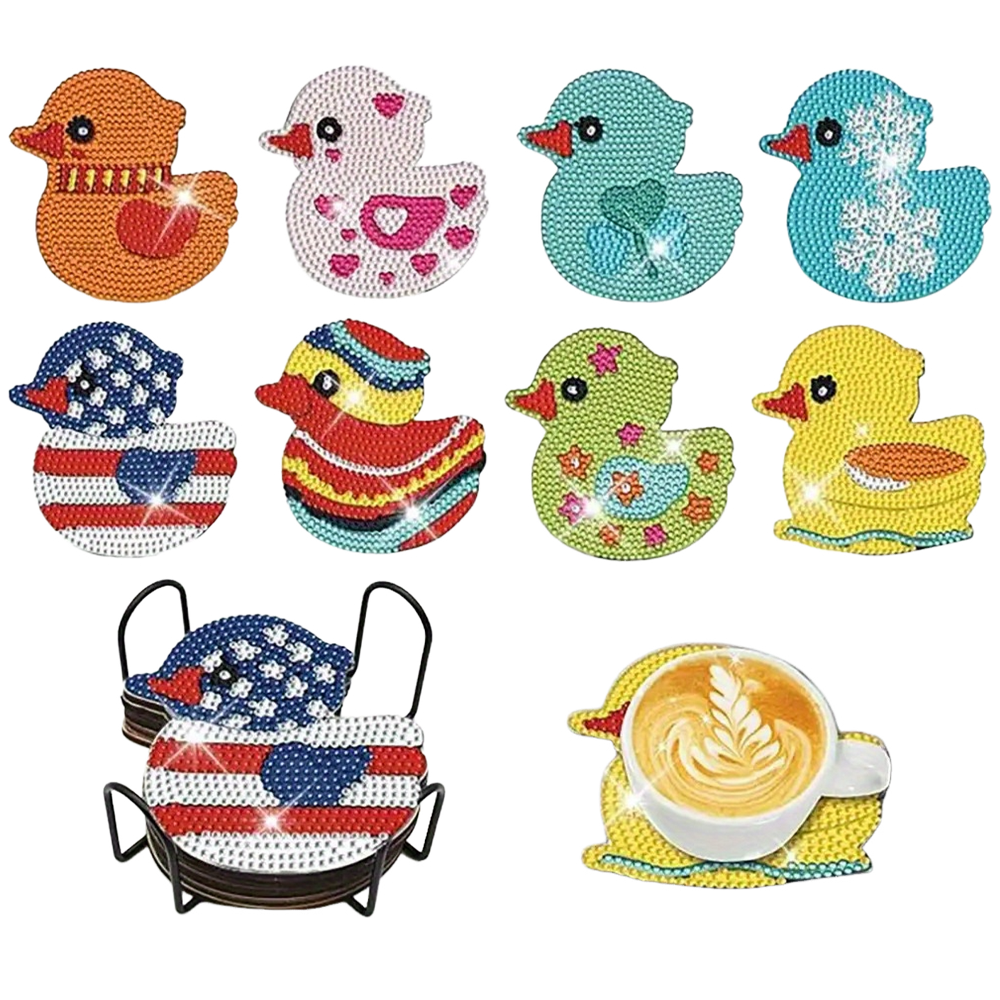 8pcs Cartoon DIY Diamond Painting Wooden Coasters Art Kits with Holder (Duck)