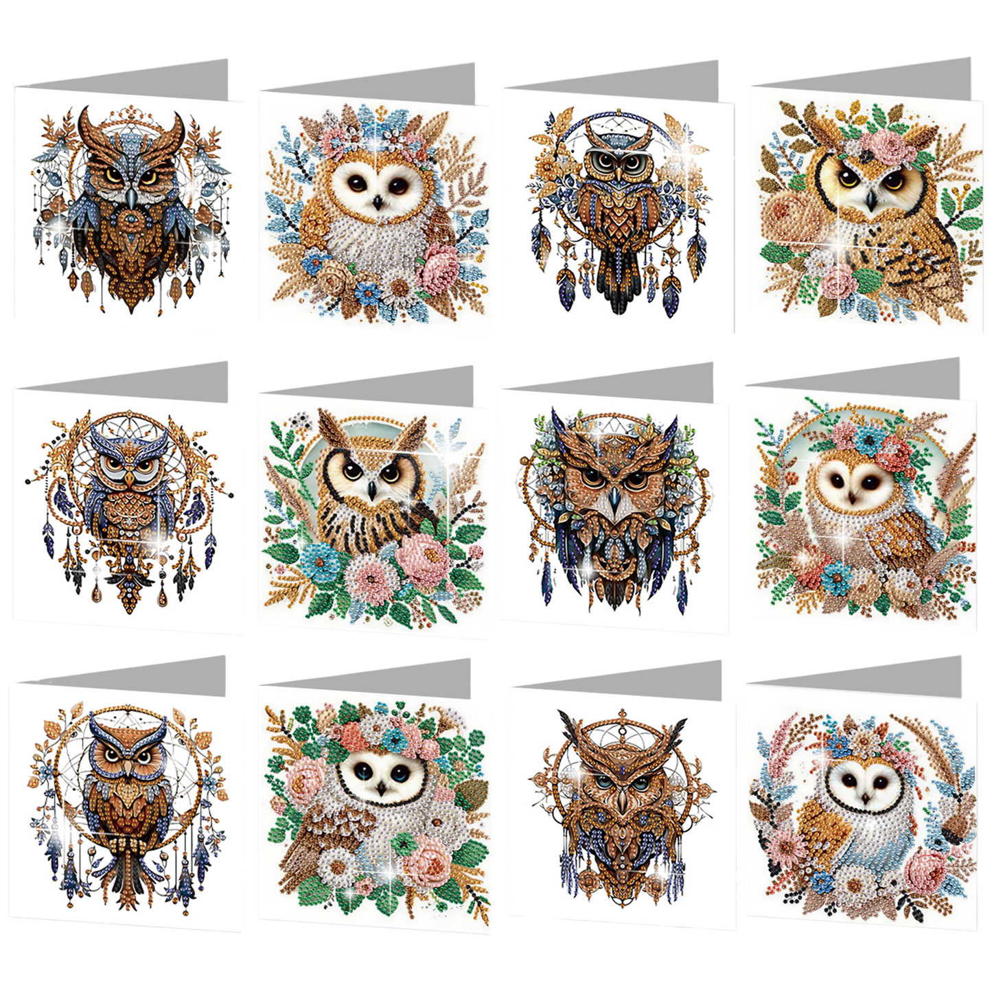 12PCS Dreamcatcher Owl DIY Diamond Painting Greeting Card Set with Envelopes