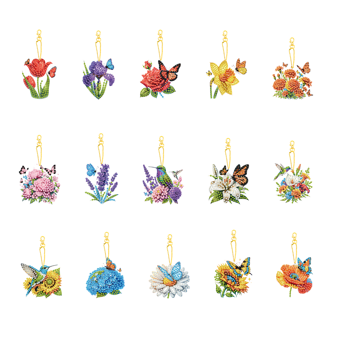 15Pcs Flowers DIY Double Sided Diamond Painting Keychain Kits for Beginners