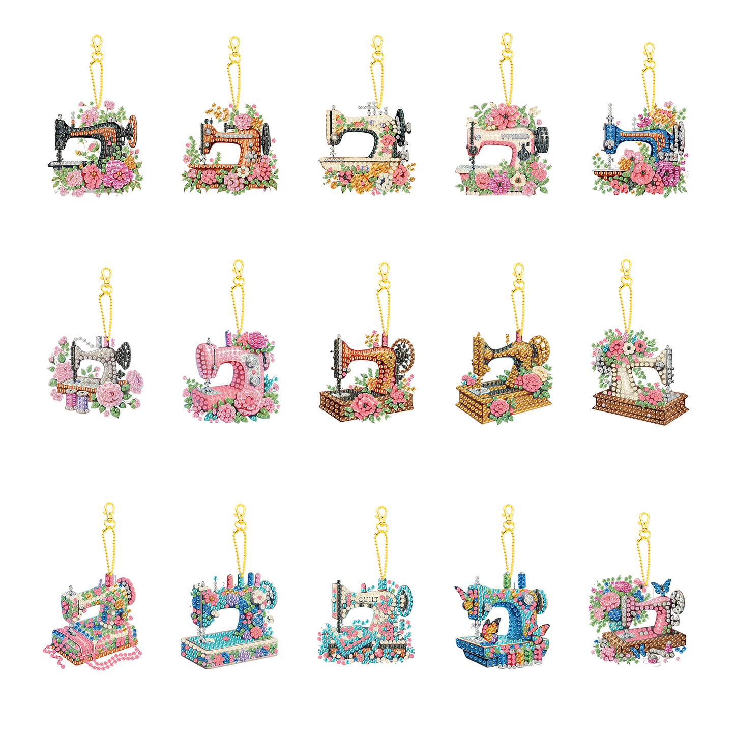 15Pcs Sewing Machine DIY Double Sided Diamond Painting Keychain Kits for Adults