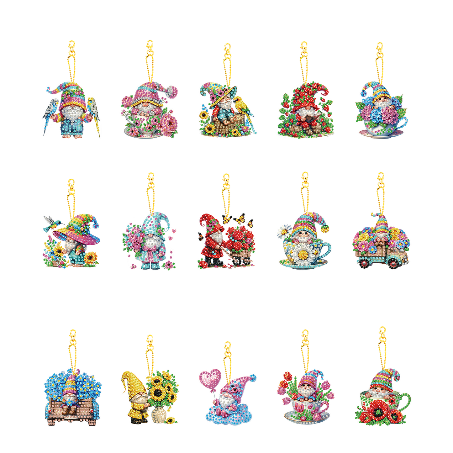 15Pcs Gnome DIY Double Sided Diamond Painting Keychain Kits for Beginners