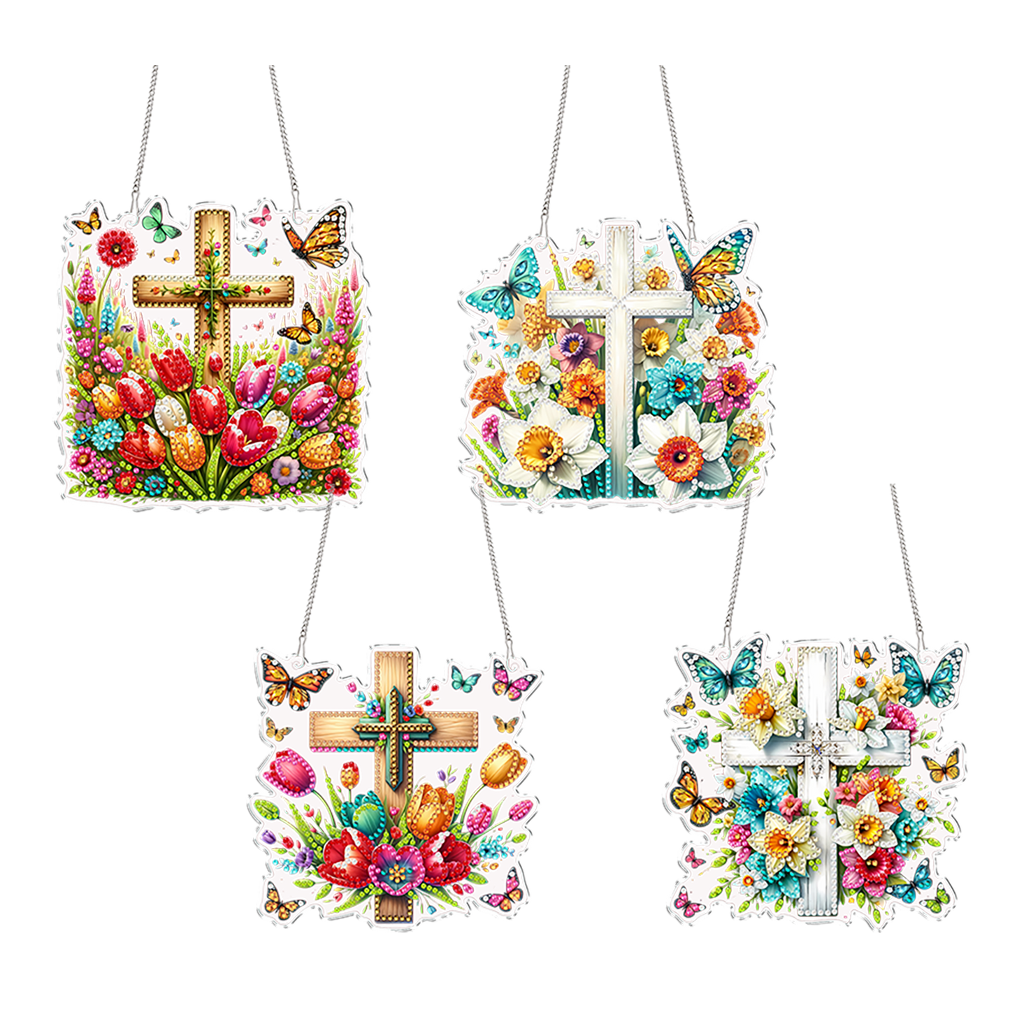 4Pcs Flower Cross 2D Flat DIY Special Shape Diamond Art Hanging Pendant Kit