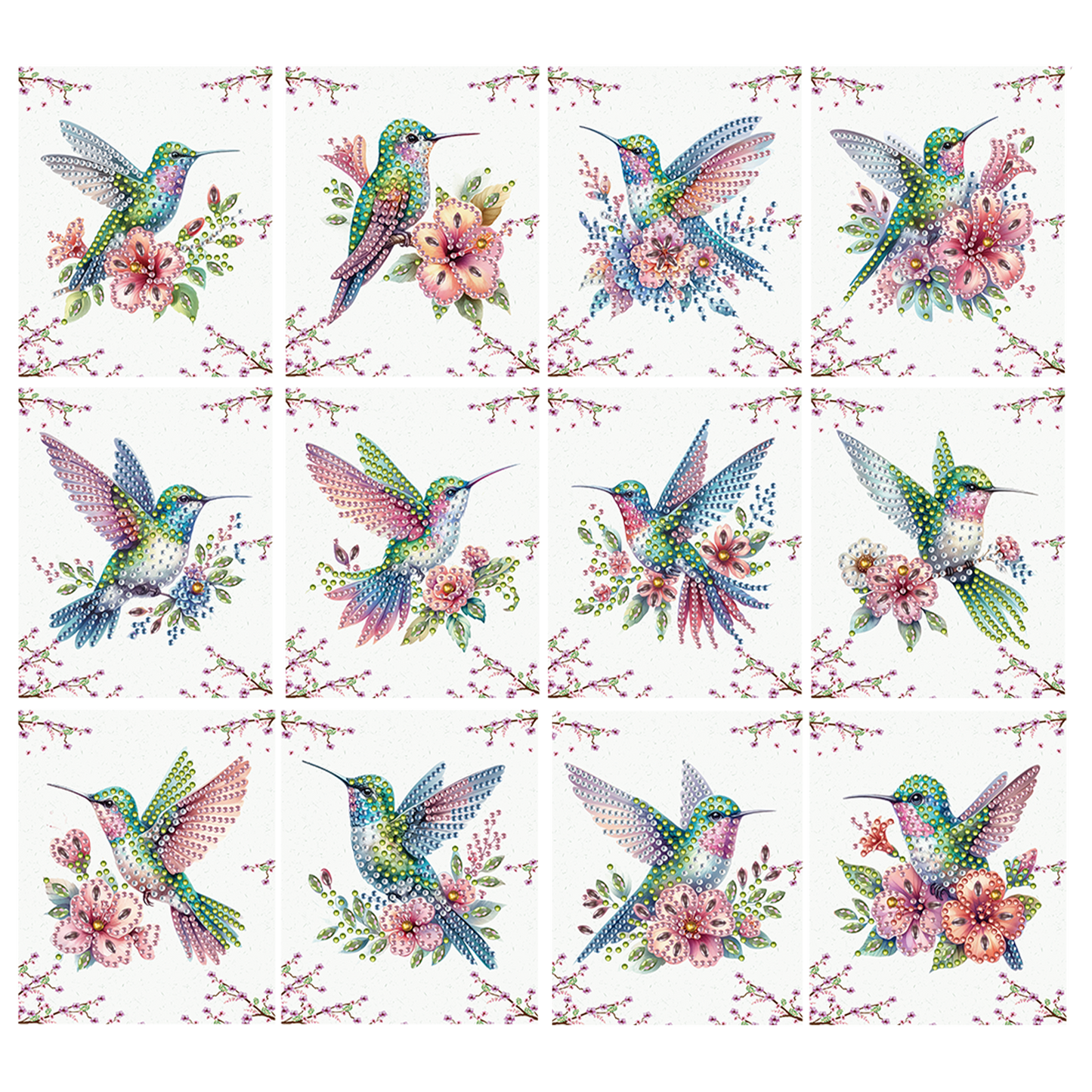 12pcs Flower Hummingbird DIY Diamond Art Greeting Cards with Envelopes for Adult