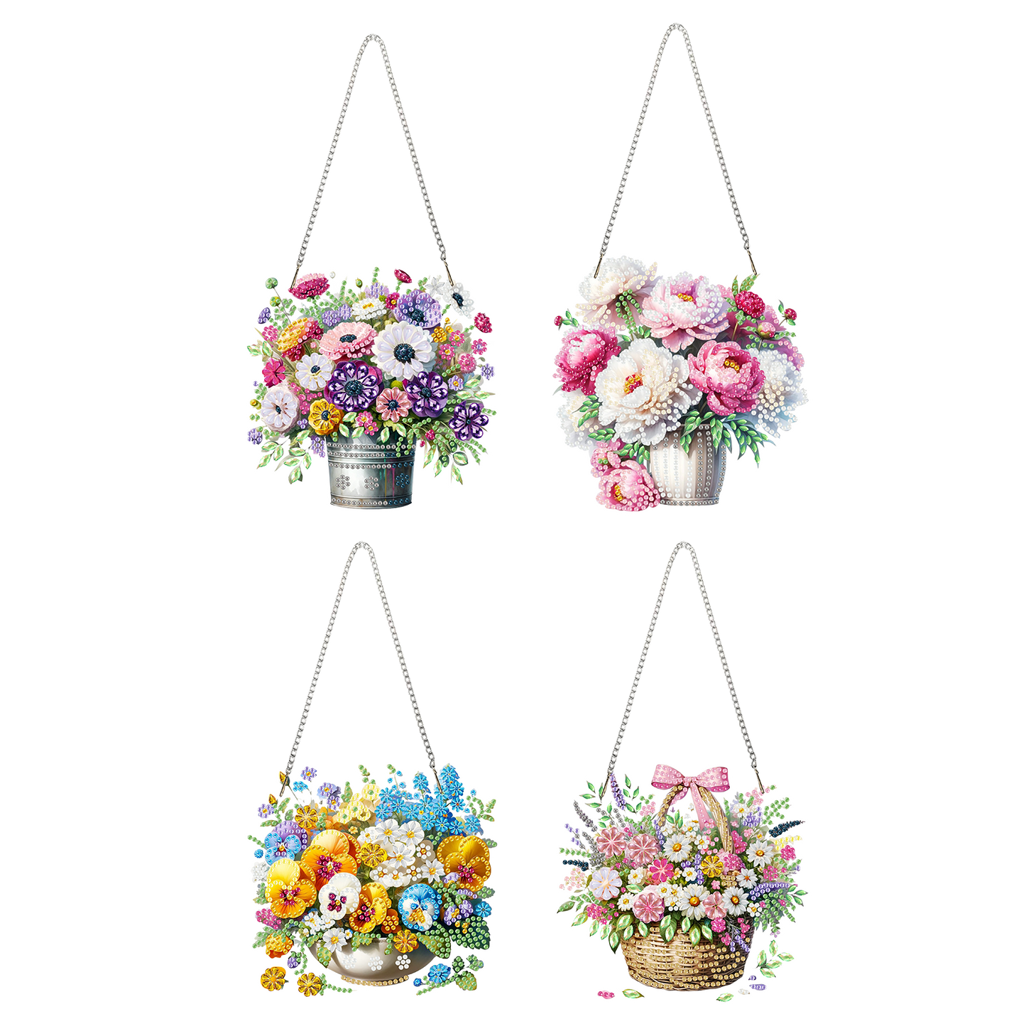 4pcs Flower 2D Flat DIY Acrylic Diamond Art Pendant Single Side Drill Home Decor