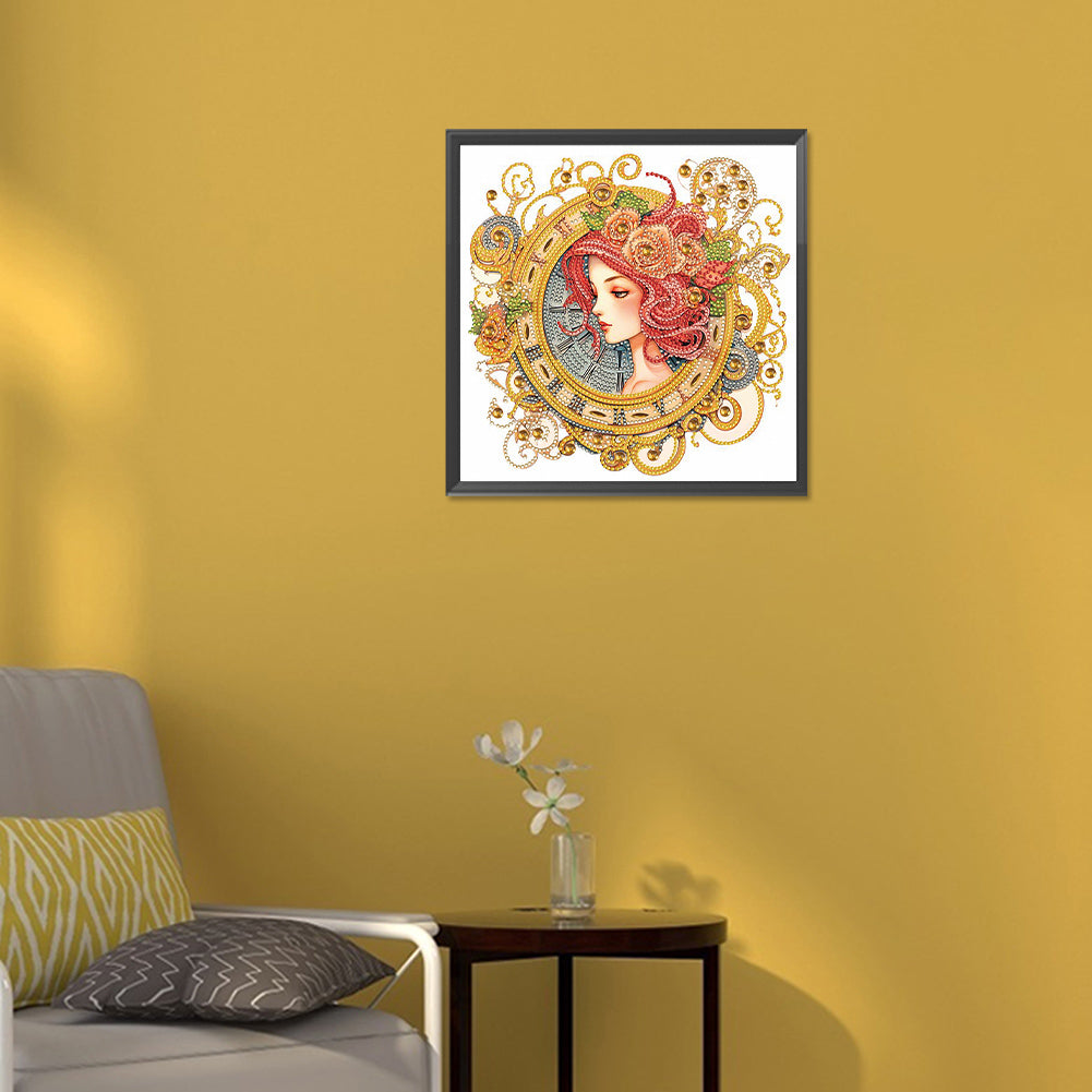 Clock With Redhead Girl - Special Shaped Drill Diamond Painting 30*30CM