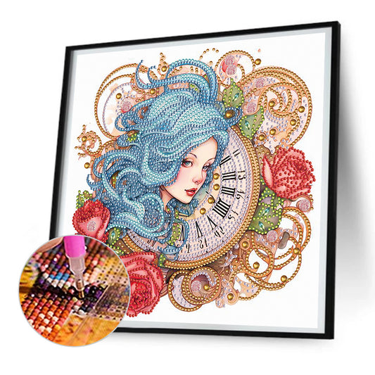 Clock And Blue-Haired Girl - Special Shaped Drill Diamond Painting 30*30CM