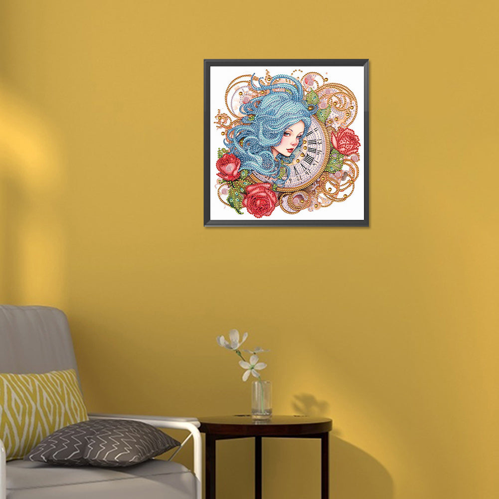 Clock And Blue-Haired Girl - Special Shaped Drill Diamond Painting 30*30CM