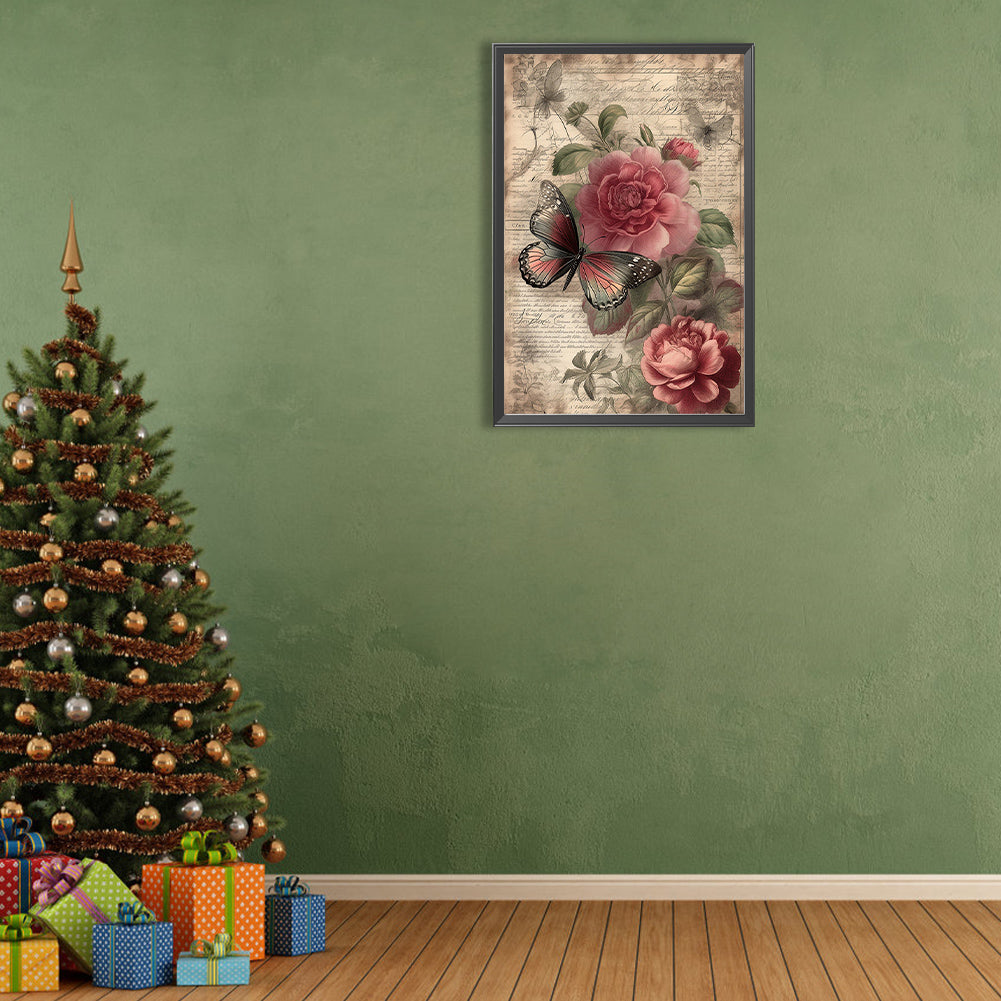 Vintage Butterflies And Peonies - Full Round Drill Diamond Painting 40*60CM
