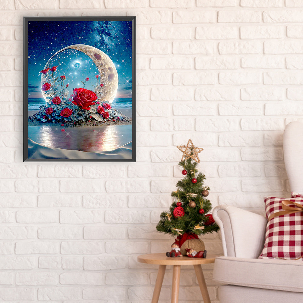 Red Rose Under The Moon - Full Round Drill Diamond Painting 30*40CM