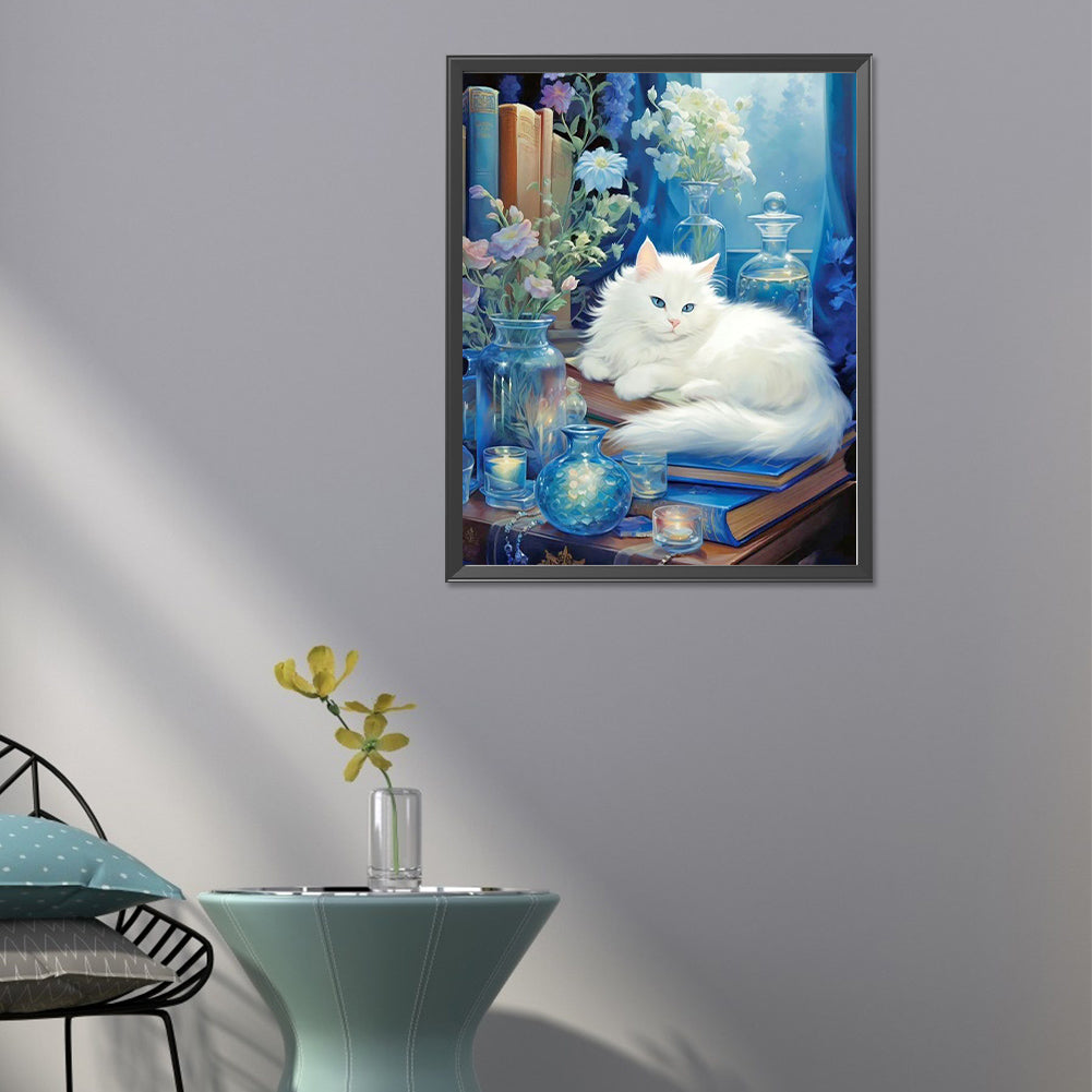 Lazy White Cat - Full Round Drill Diamond Painting 40*50CM