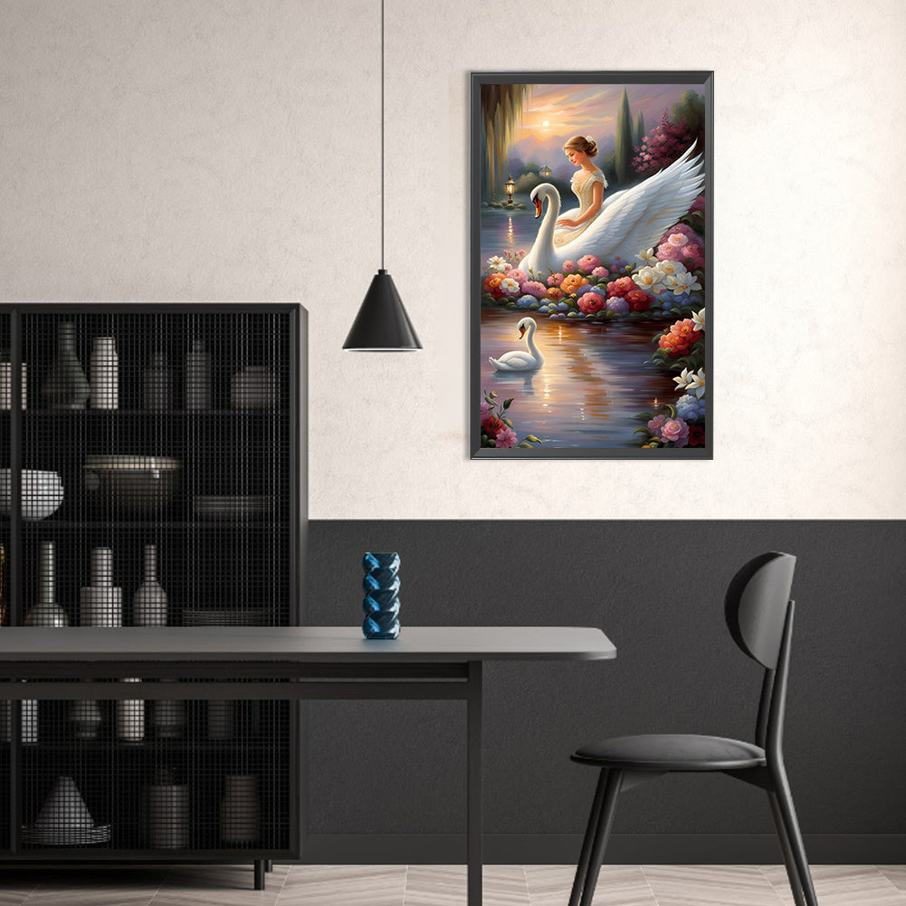 Swan And Girl - Full Round AB Drill Diamond Painting 30*50CM