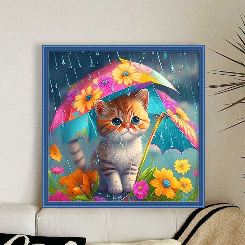 Cat Holding Umbrella - 11CT Stamped Cross Stitch 40*40CM