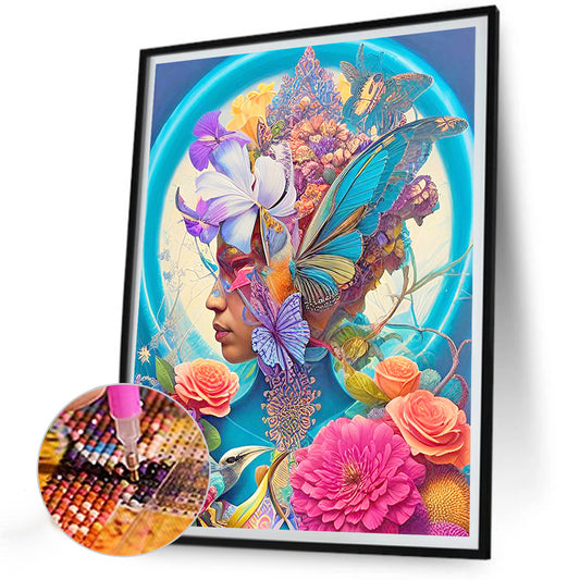 Flowers, Butterflies And Beauties - Full Round Drill Diamond Painting 30*40CM