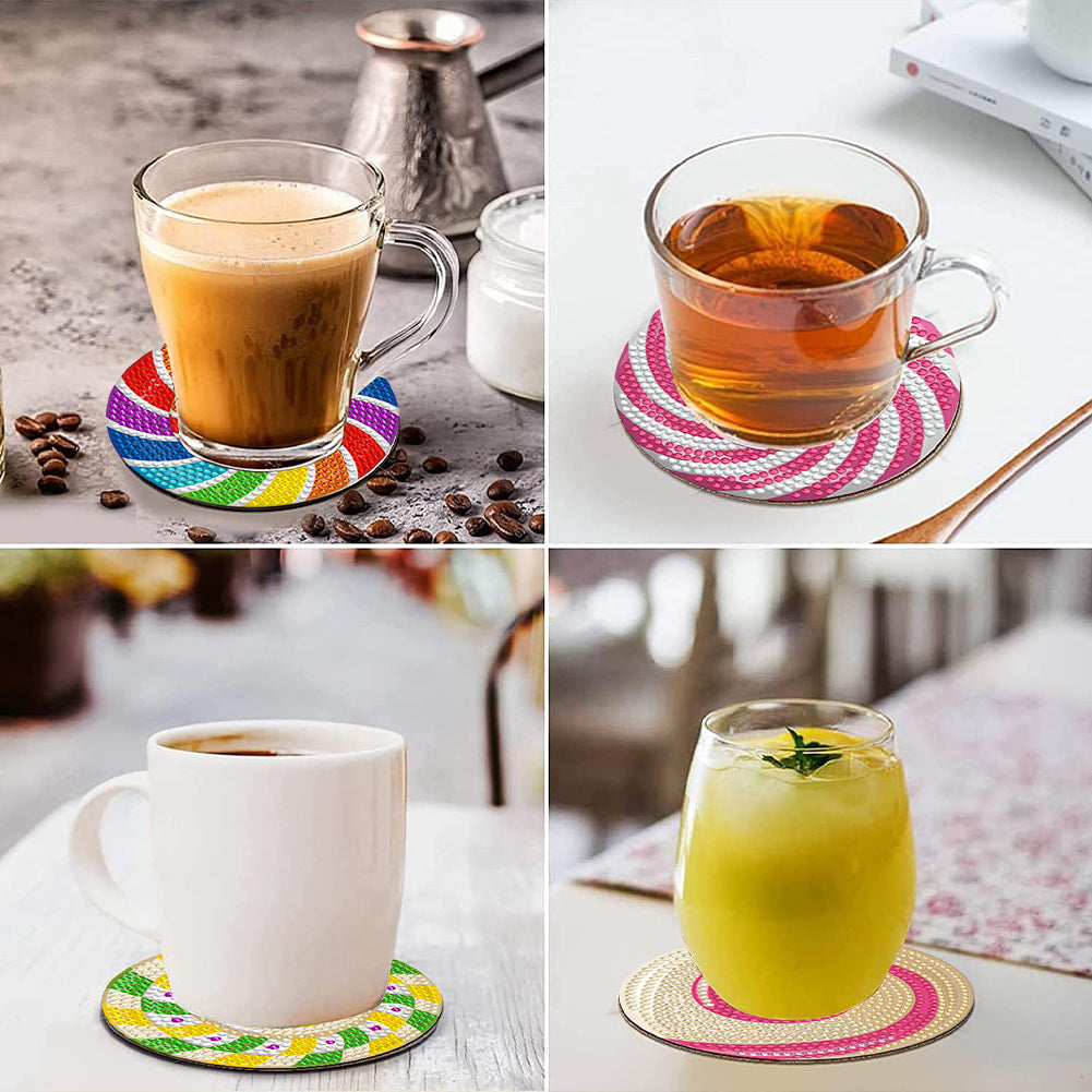 8 Pcs Wooden DIY Diamond Painting Art Coaster Kit with Holder (Spiral Pattern)