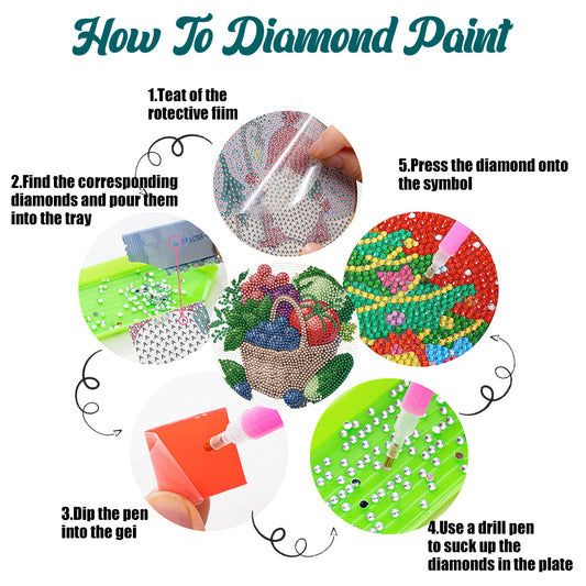 4 Pcs Diamond Painting Coasters Kit with Holder for Dining Tables Decor (Fruit)
