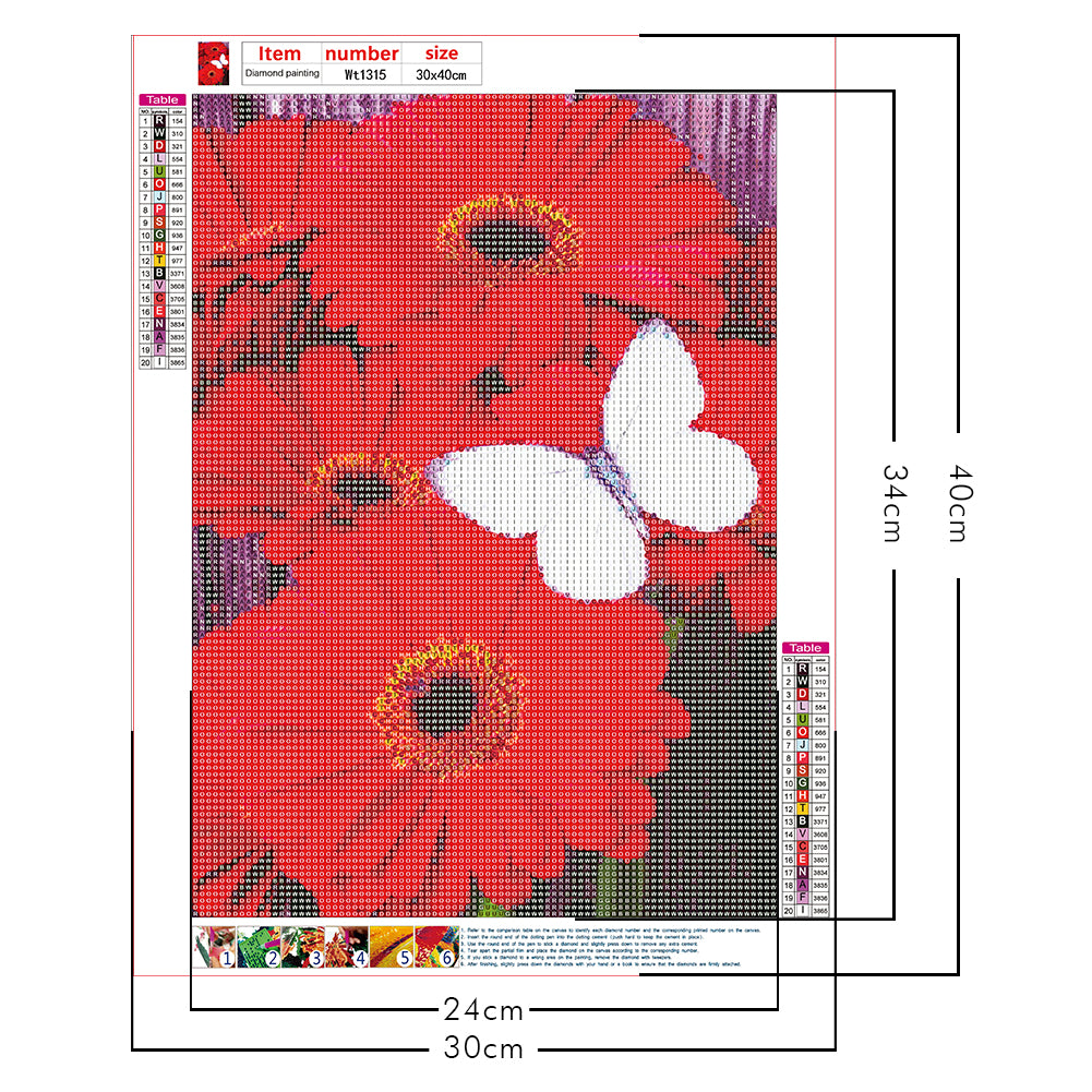 Red Flower White Butterfly - Full Round Drill Diamond Painting 30*40CM
