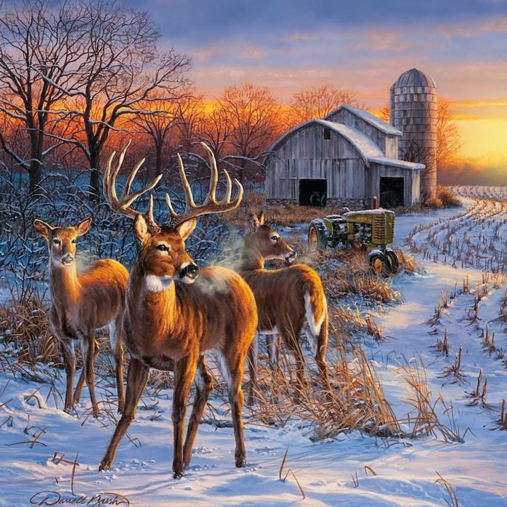 Snow Deer Herd - Full Square Drill Diamond Painting 30*30CM