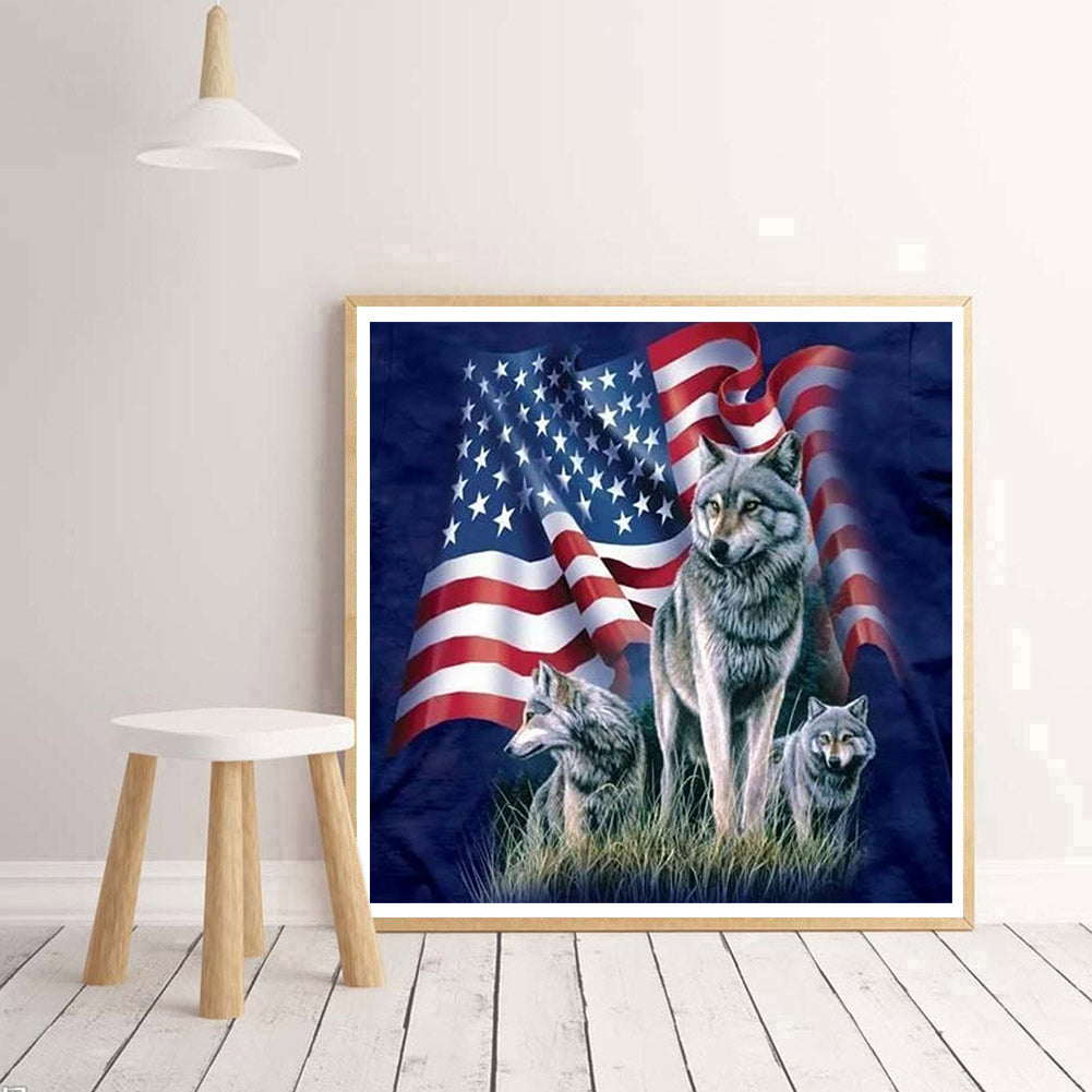 American Flag Wolf - Full Square Drill Diamond Painting 30*30CM
