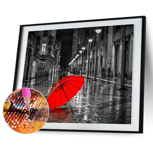 Red Umbrella On The Rainy Night Street - Full Round Drill Diamond Painting 40*30CM