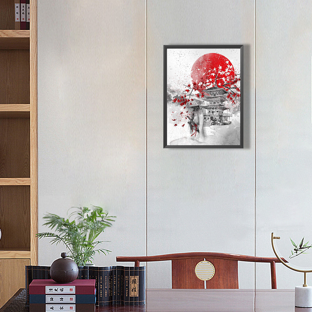Red Sun Pavilion Samurai 30*40CM(Canvas) Full Round Drill Diamond Painting
