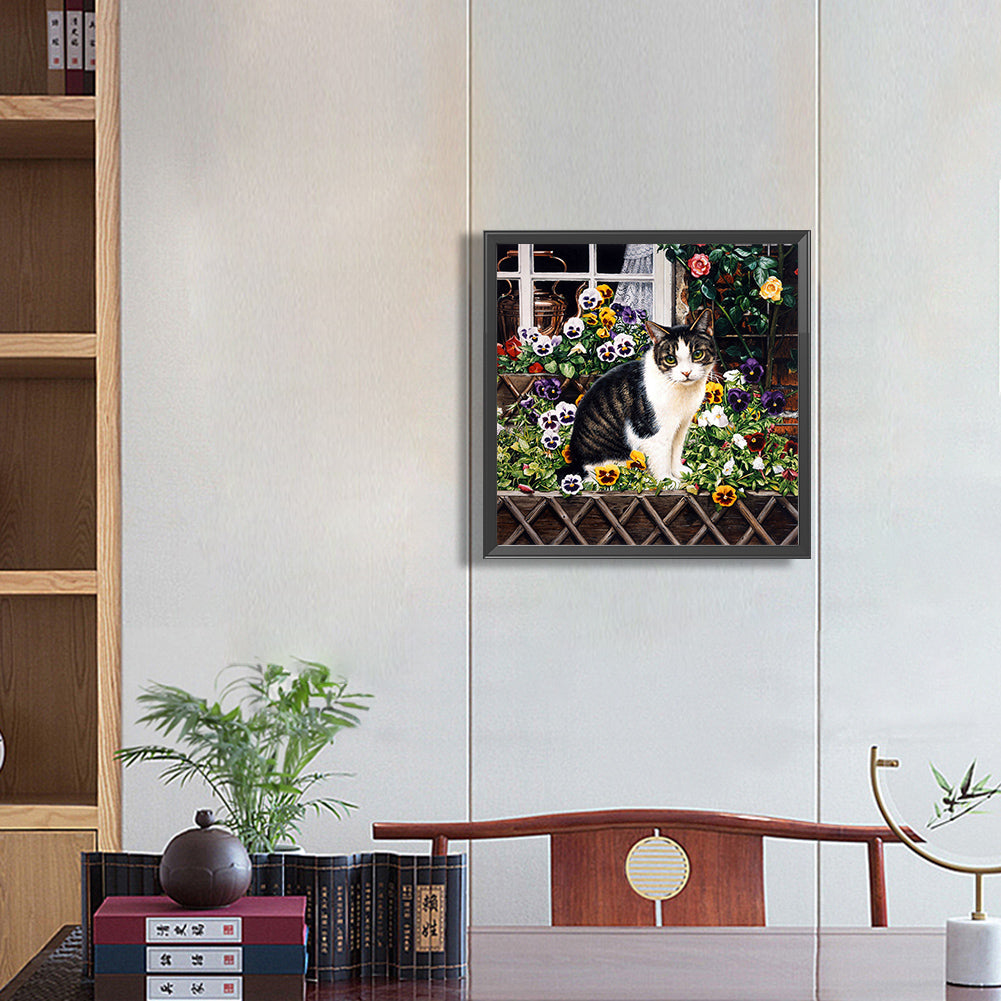 Cow Cat On Flower Stand - Full Round Drill Diamond Painting 40*40CM