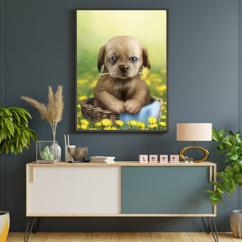 Puppy In The Flowers - Full Round Drill Diamond Painting 30*40CM