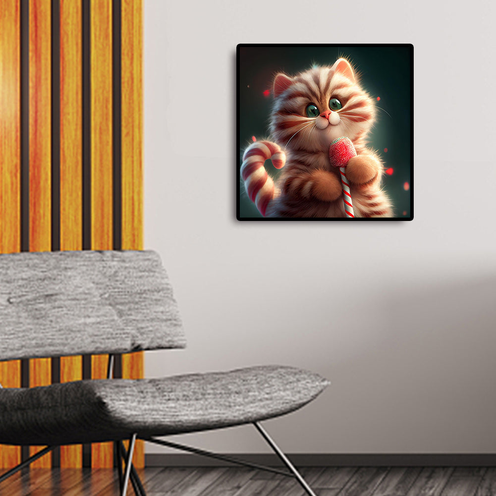 Red And White Striped Cute Kitten - Full Round Drill Diamond Painting 30*30CM
