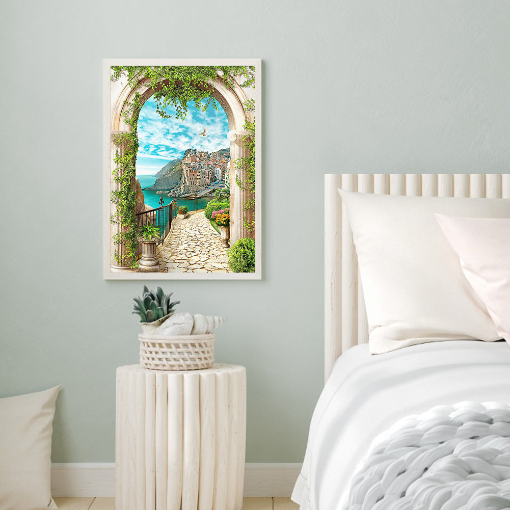 European Arch Seaside Scenery - Full Round Drill Diamond Painting 30*40CM