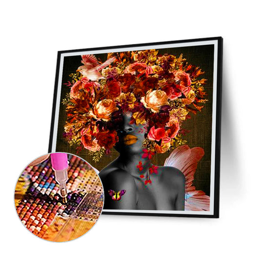 Black Woman With Flower - Full Round Drill Diamond Painting 40*40CM